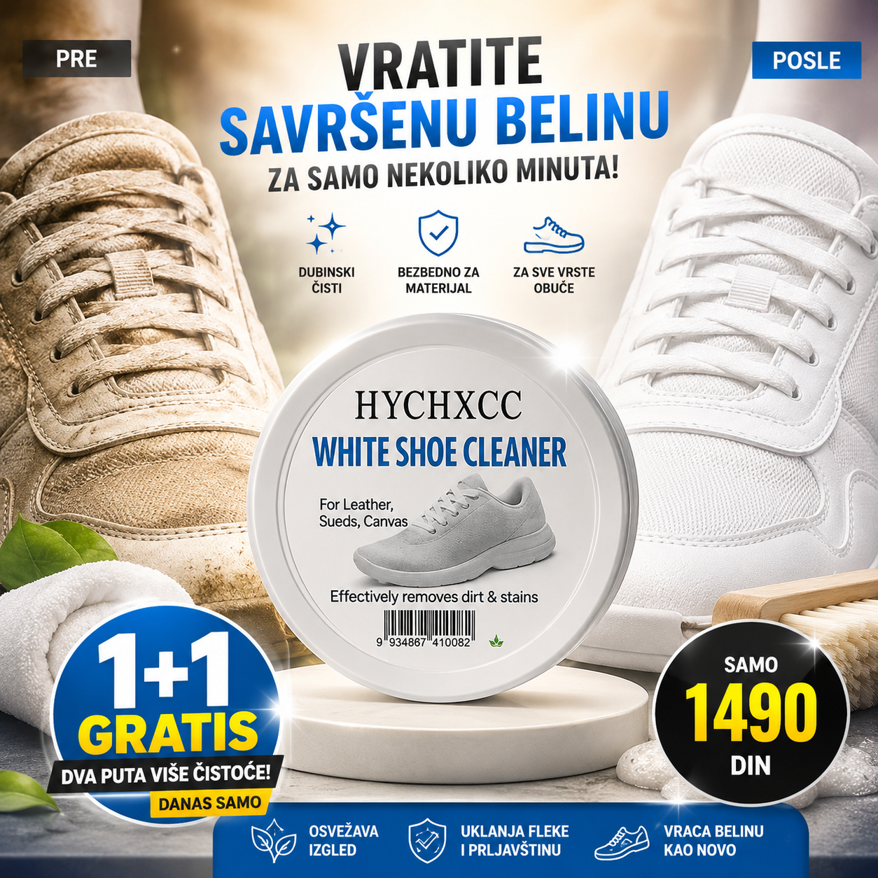 KREMA ZA ČIŠĆENJE PATIKA 1+1 GRATIS - Vratite svojim patikama savršenu belinu za par minuta! 👟